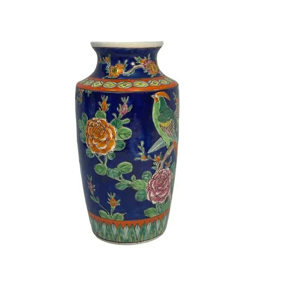 Incredible Royal Cobalt Japanese Vintage Tall Vase With Pheasants Chinoiserie